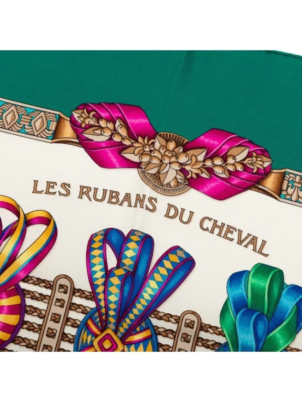 Hermes Carre 90 Les Rubans du Cheval Horse Ribbon Decoration Scarf Large Green